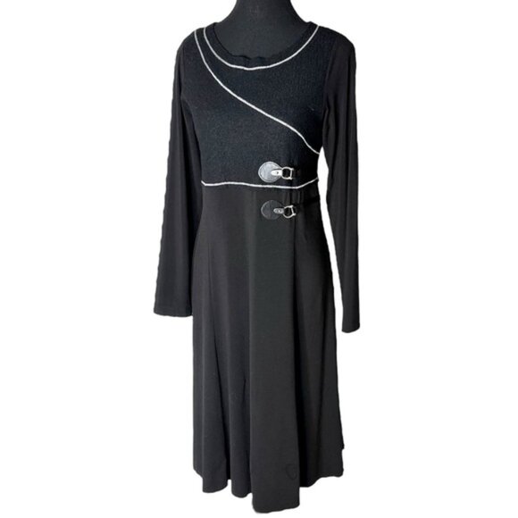 Black Long Sleeve Midi Dress Wool Bodice Horse Bit Buckle Detail Zipper Raw Hem - Picture 2 of 11